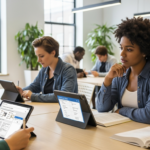 Students engaging with learning materials and digital practice tests in a contemporary classroom setting.