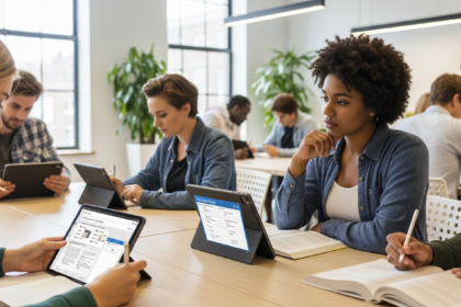 Students engaging with learning materials and digital practice tests in a contemporary classroom setting.