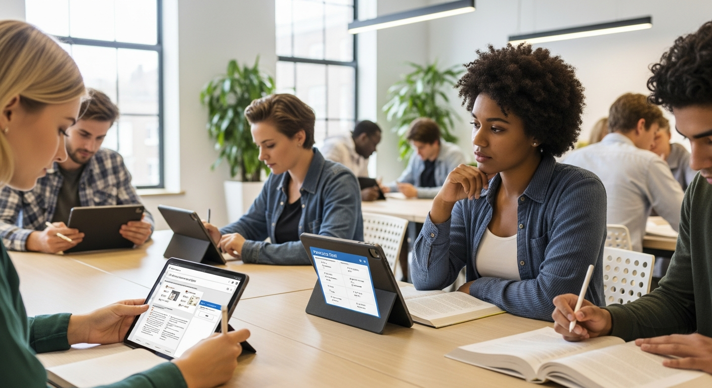 Students engaging with learning materials and digital practice tests in a contemporary classroom setting.